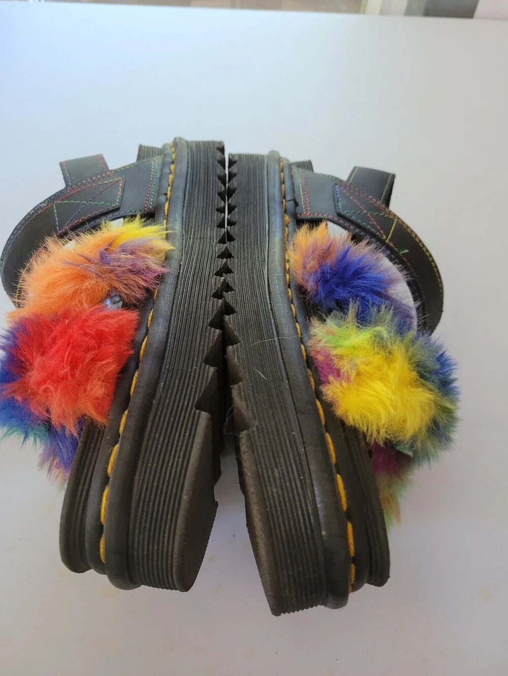 Dr. Martens 10 Black Platform Sandals with Rainbow Faux Fur Straps